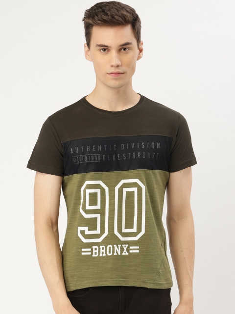 

Duke Men Olive Green & Brown Colourblocked Round Neck T-shirt