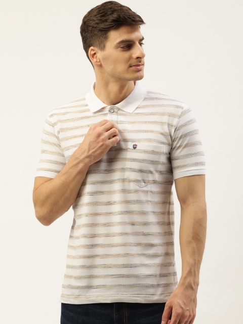 

Duke Men White & Beige Striped Polo Collar T-shirt