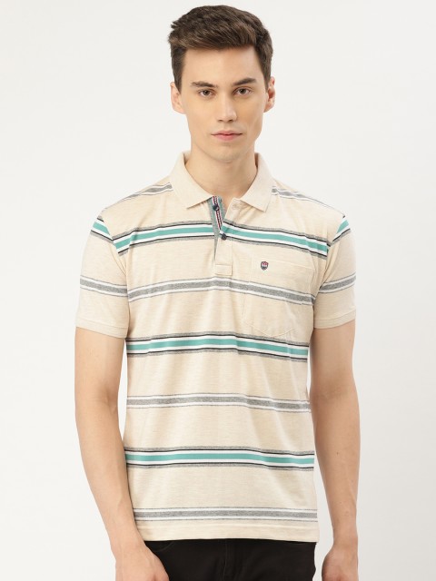 

Duke Men Cream-Coloured & Blue Striped Polo Collar T-shirt