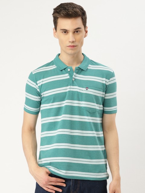 

Duke Men Green & White Striped Polo Collar T-shirt