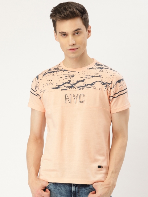 

Duke Men Peach-Coloured & Black Printed Slim Fit Round Neck T-shirt