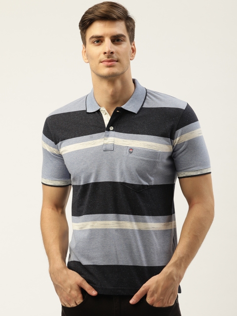 

Duke Men Blue & Black Striped Polo Collar T-shirt
