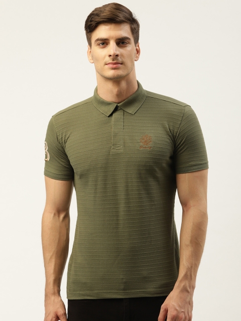 

Duke Men Olive Green Self-Striped Polo Collar T-shirt