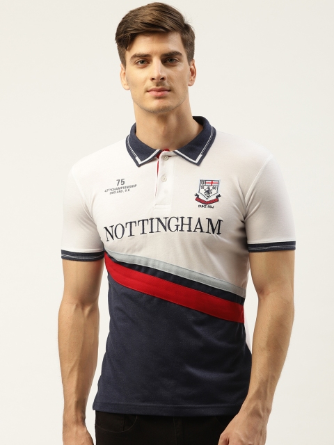 

Duke Men White & Navy Blue Colourblocked Smart Fit Polo Collar T-shirt