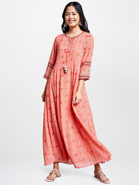 

Global Desi Women Peach-Coloured & Green Floral Printed Maxi Dress with Sequined Detail