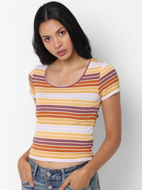 

AMERICAN EAGLE OUTFITTERS Women Yellow & Purple Striped Round Neck T-shirt