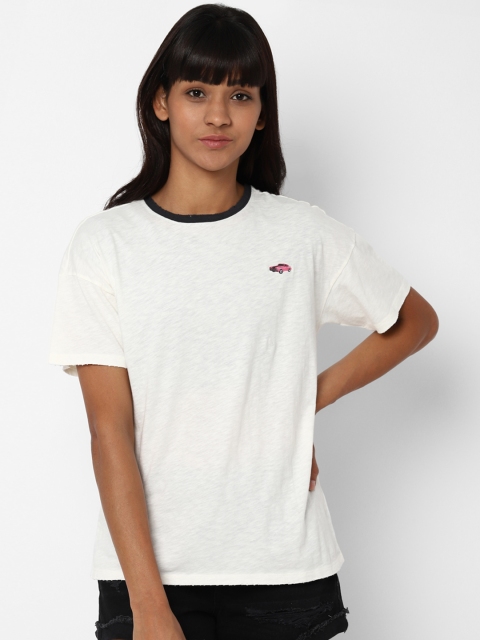 

AMERICAN EAGLE OUTFITTERS Women White Solid Round Neck Pure Cotton T-shirt