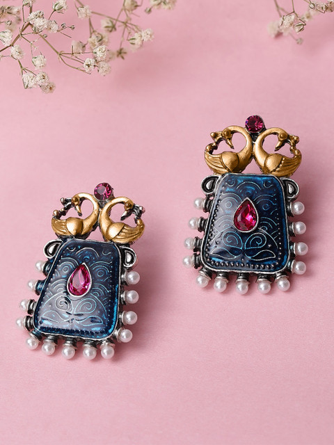 

Rubans Blue & Silver-Plated Handcrafted Oxidised Geometric Studs