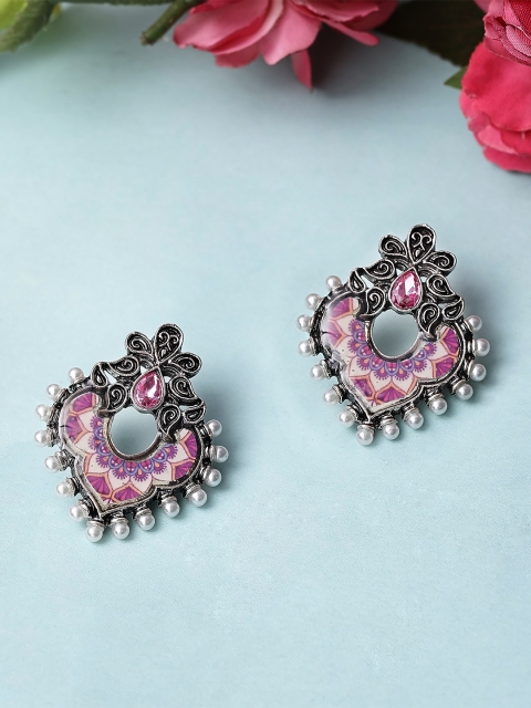 

Rubans Pink & Silver-Plated Handcrafted Oxidised Classic Studs