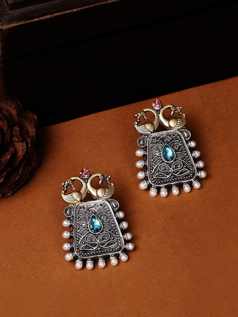 

Rubans Blue & Silver-Plated Handcrafted Oxidised Geometric Studs