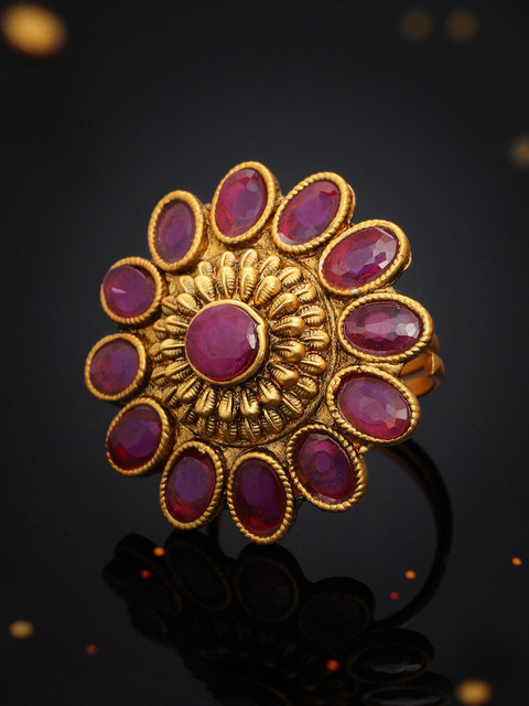 

Rubans 22K Gold-Plated & Pink Stone-Studded Adjustable Handcrafted Traditional Finger Ring