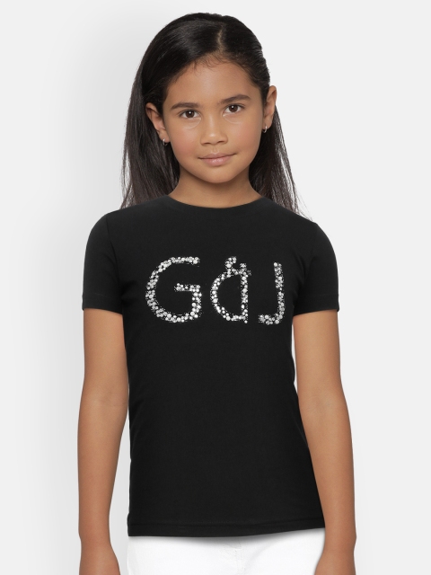 Girls Black Embellished Brand Logo Round Neck T-shirt