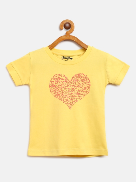 

Gini and Jony Girls Yellow Printed Round Neck Pure Cotton T-shirt