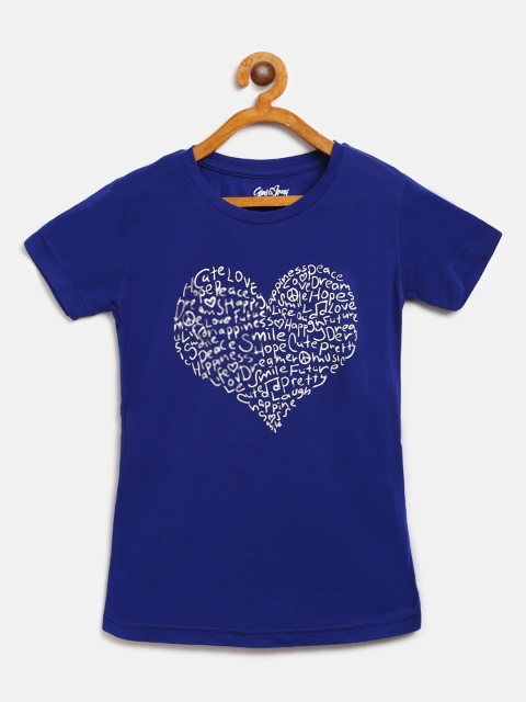 

Gini and Jony Girls Blue White Printed Round Neck Pure Cotton T-shirt