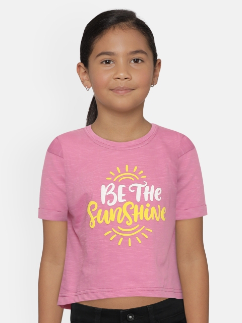 

Gini and Jony Girls Pink & Yellow Slogan Print Pure Cotton Round Neck High Low T-shirt