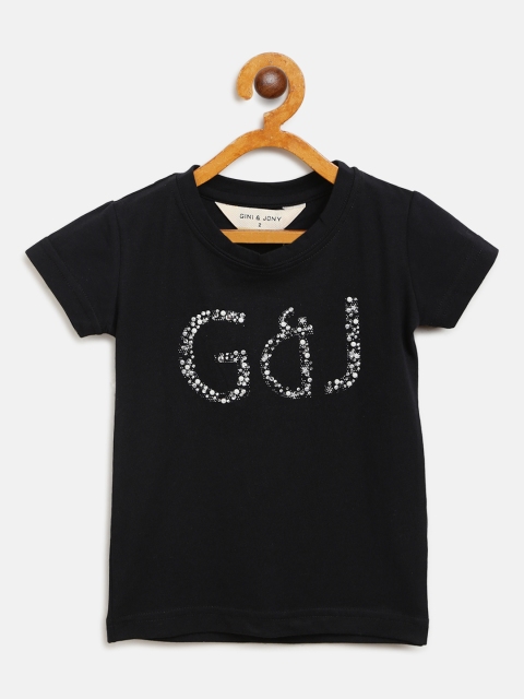 Girls Black Self Design Brand Logo Round Neck T-shirt