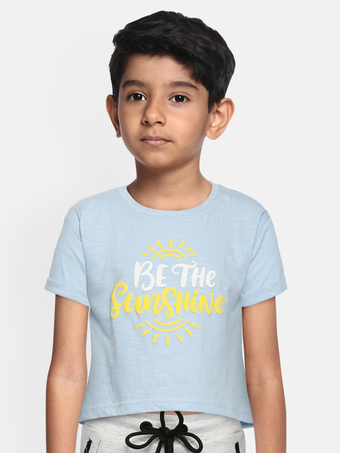 

Gini and Jony Girls Blue & Yellow Typography Print Pure Cotton Round Neck T-shirt