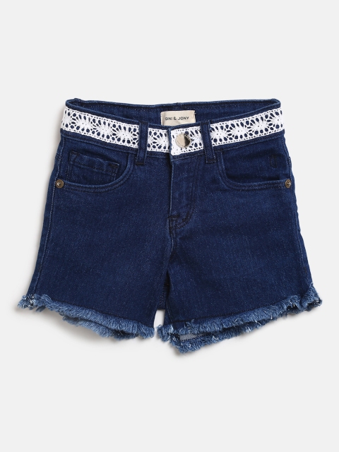 Girls Navy Blue Solid Regular Fit Denim Shorts