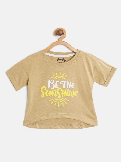 

Gini and Jony Girls Khaki & Yellow Pure Cotton Typography Printed Round Neck T-shirt