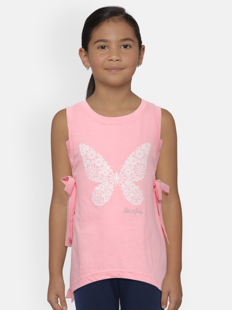 Girls Pink & White Butterfly Print A-Line Pure Cotton Top