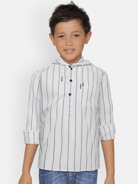 Boys White & Black Regular Fit Hooded Striped Casual Shirt