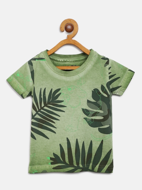 Boys Green Printed Round Neck T-shirt