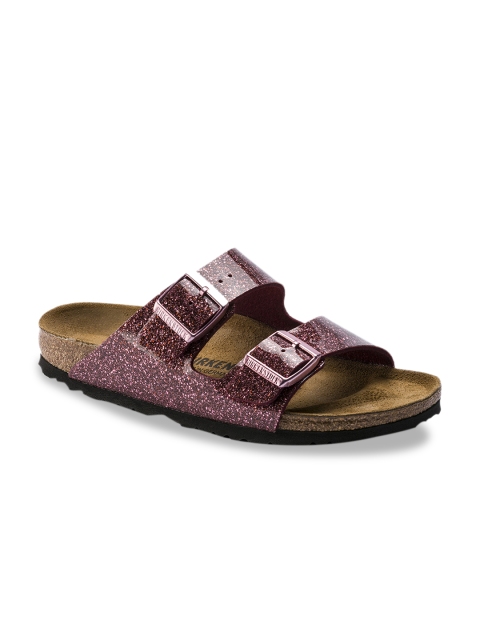 

Birkenstock Women Red Cosmic Sparkle Arizona Birko-Flor Open Toe Narrow Width Flats