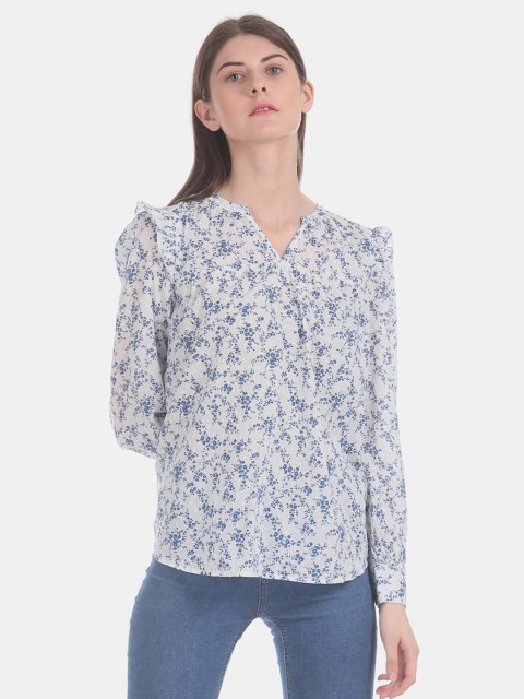 

GAP Women White & Blue Floral Print Top