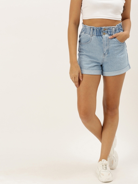 

FOREVER 21 Women Blue Washed Regular Fit Denim Shorts With Gathered Detailing