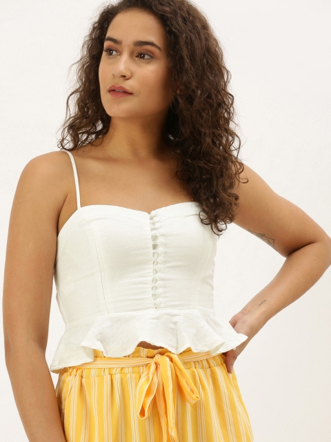 

FOREVER 21 Women Off-White Solid Cropped Peplum Top