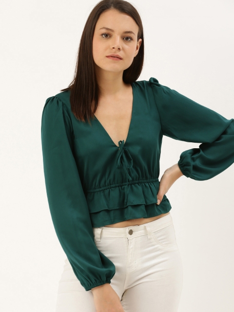

FOREVER 21 Women Green Solid Cinched Waist Crop Top with Ruffles