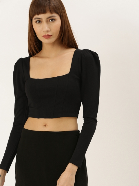 

FOREVER 21 Women Black Solid Cropped Fitted Top