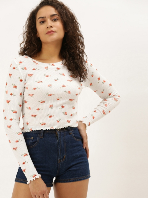 

FOREVER 21 Women White & Red Floral Printed Fitted Top