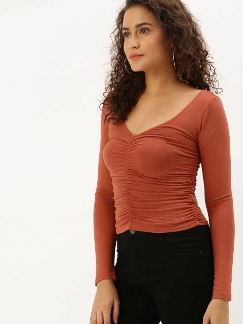 

FOREVER 21 Women Rust Brown Solid Knitted Fitted Top With Gathered Detailing