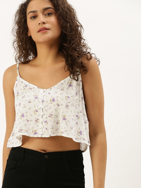 

FOREVER 21 Women White & Purple Floral Printed Crop Top