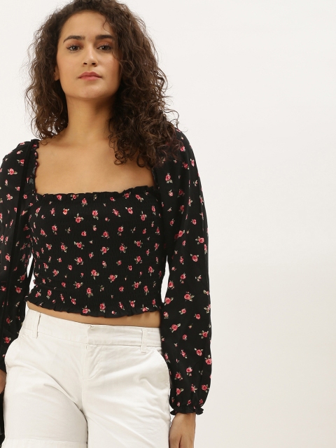 

FOREVER 21 Women Black & Pink Ditsy Floral Printed Top
