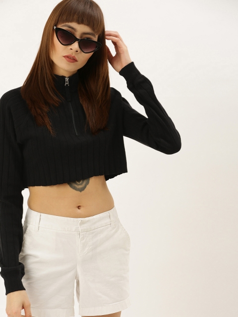 

FOREVER 21 Women Black Self Design Cropped Top With Raw Edges