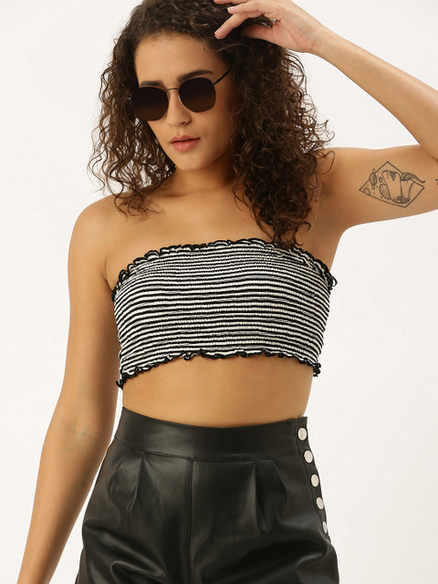 

FOREVER 21 Women Black & White Striped Tube Crop Top
