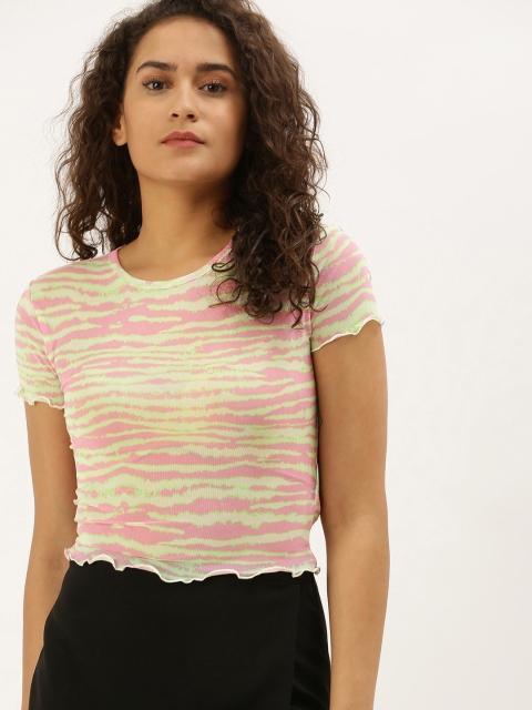 

FOREVER 21 Women Pink & Fluorescent Green Printed Top