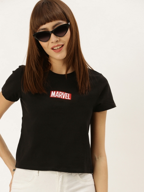 

FOREVER 21 Women Black Marvel Solid Marvel Round Neck T-shirt With Embroidered Detailing