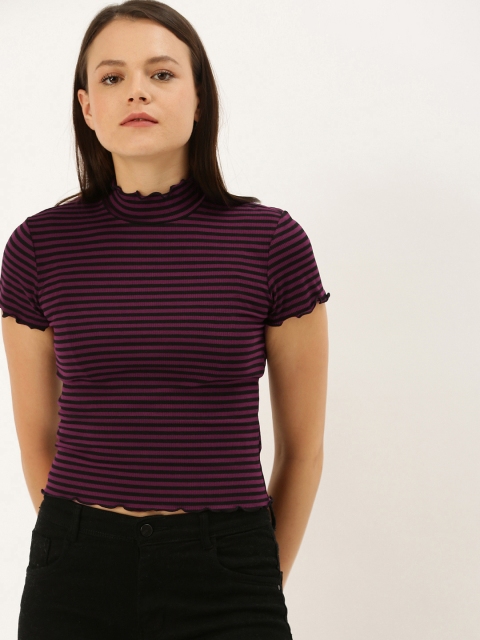

FOREVER 21 Women Maroon & Black Striped Cropped Top