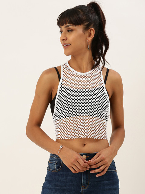 

FOREVER 21 Women White Sheer Knitted Self Design Cropped Tank Top