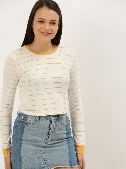 

FOREVER 21 Women White & Mustard Yellow Striped Round Neck T-shirt