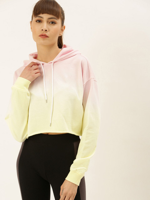 

FOREVER 21 Women Pink & Yellow Ombre Hooded Raw Hem Crop Sweatshirt