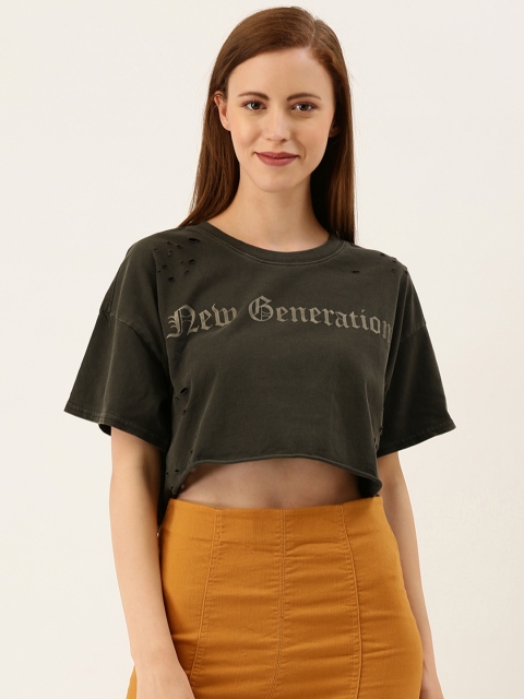 

FOREVER 21 Women Charcoal Grey Printed Cropped Round Neck T-shirt