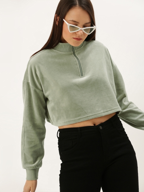 

FOREVER 21 Women Olive Green Solid Cropped Pullover Sweatshirt
