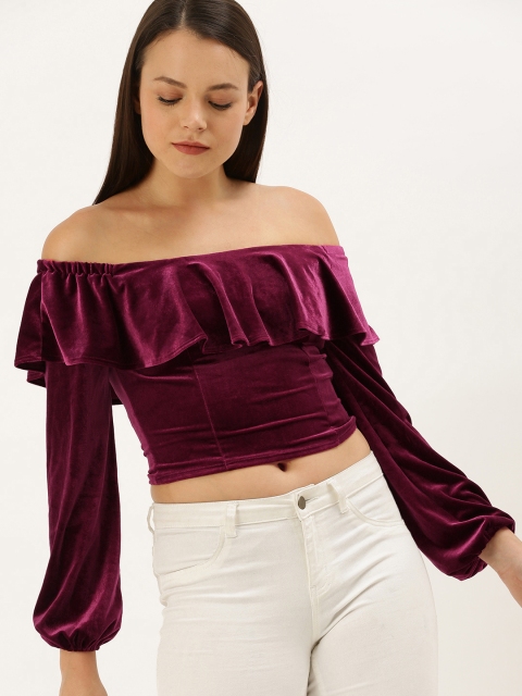 

FOREVER 21 Women Burgundy Solid Velvet Bardot Crop Top