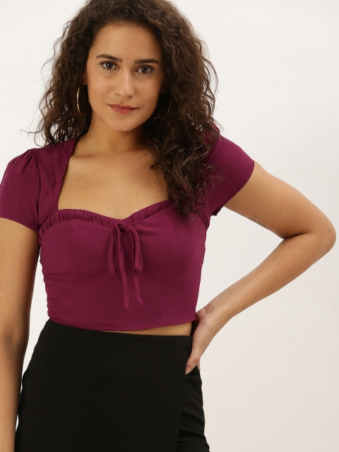 

FOREVER 21 Women Burgundy Solid Fitted Smocking Crop Top with Gathers