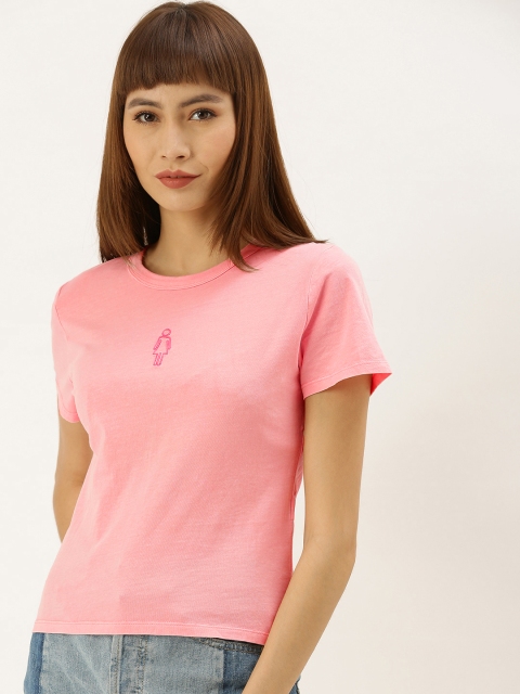

FOREVER 21 Women Pink Solid Round Neck T-shirt