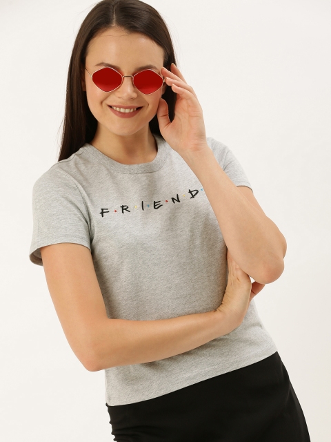 

FOREVER 21 Women Grey Friends Printed Round Neck T-shirt with Embroidery
